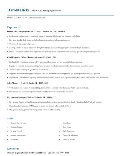 Owner And Managing Director Resume