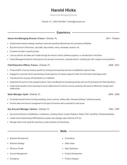 Owner And Managing Director Resume
