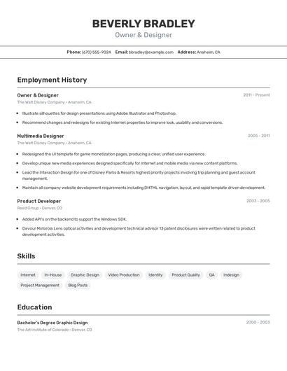 Owner & Designer Resume