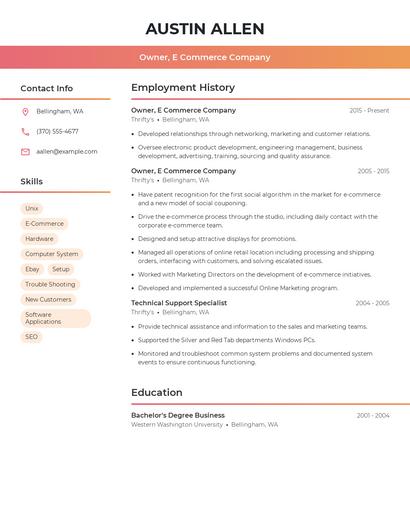 Owner, E Commerce Company Resume