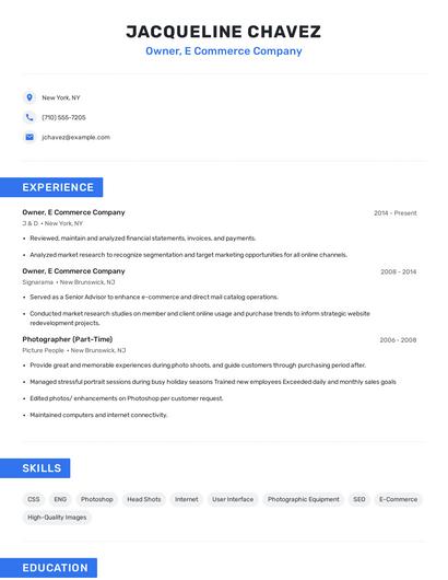 Owner, E Commerce Company Resume