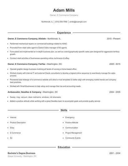 Owner, E Commerce Company Resume