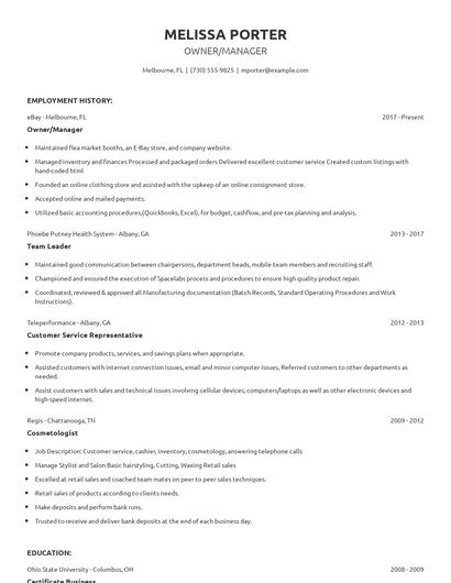 Owner/Manager Resume