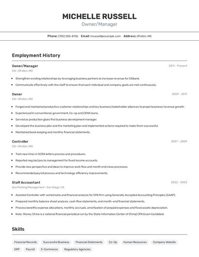 Owner/Manager Resume