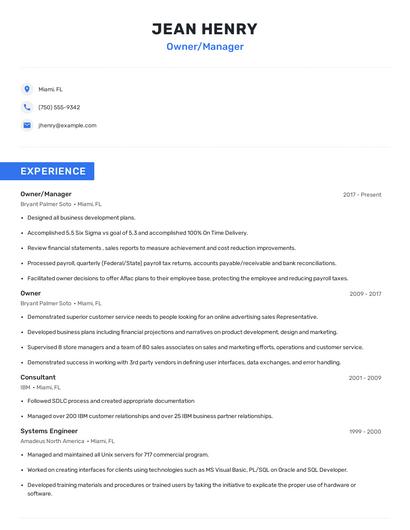 Owner/Manager Resume