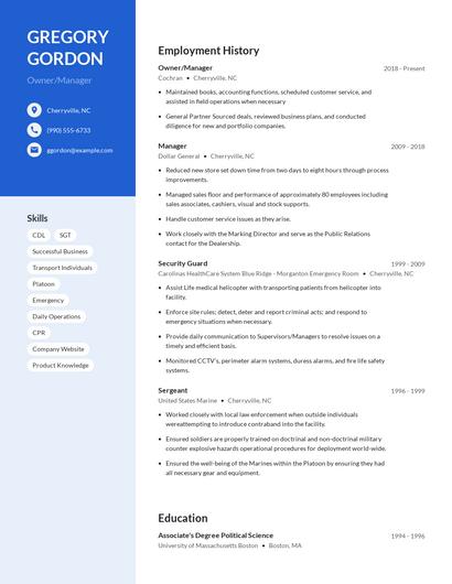 Owner/Manager Resume