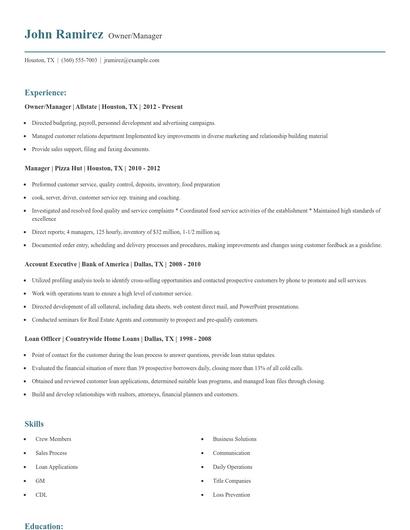 Owner/Manager Resume