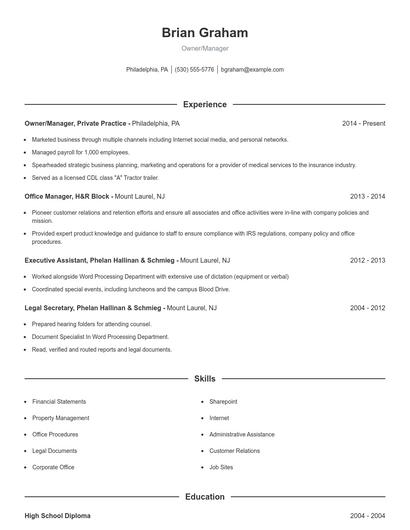 Owner/Manager Resume