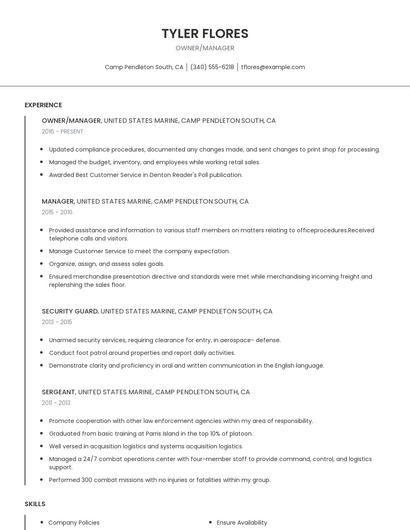 Owner/Manager Resume