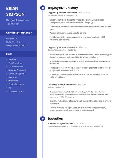 Oxygen Equipment Technician Resume