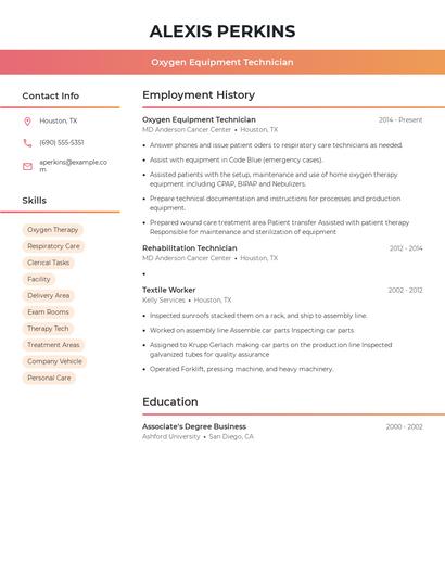 Oxygen Equipment Technician Resume