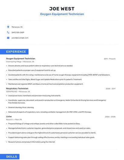 Oxygen Equipment Technician Resume