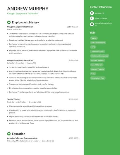 Oxygen Equipment Technician Resume