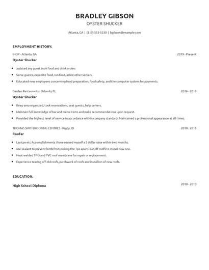 Oyster Shucker Resume