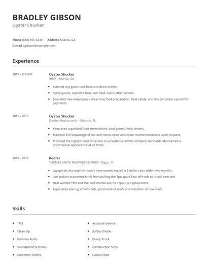 Oyster Shucker Resume