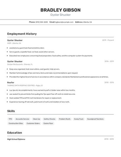 Oyster Shucker Resume