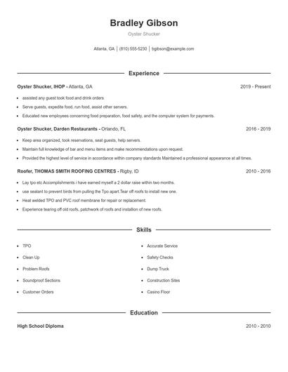 Oyster Shucker Resume