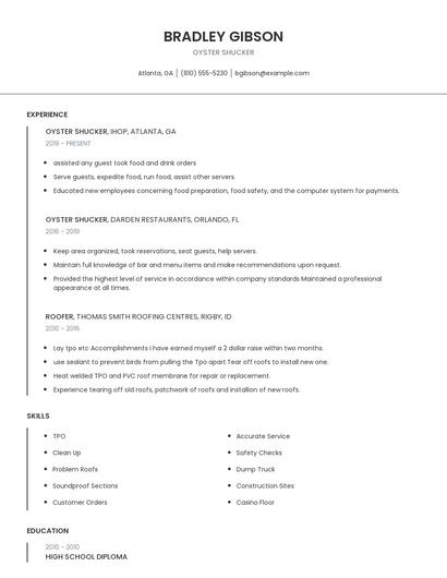 Oyster Shucker Resume