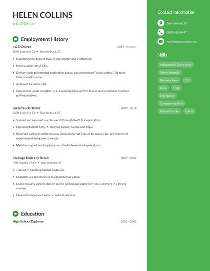 p & D Driver Resume