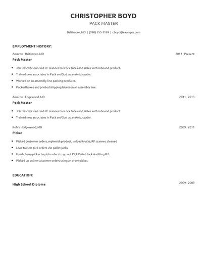 Pack Master Resume