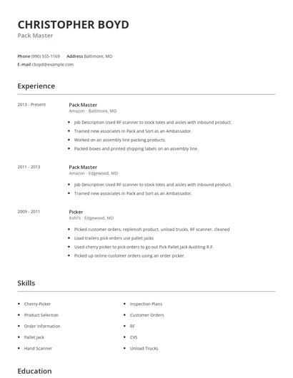 Pack Master Resume