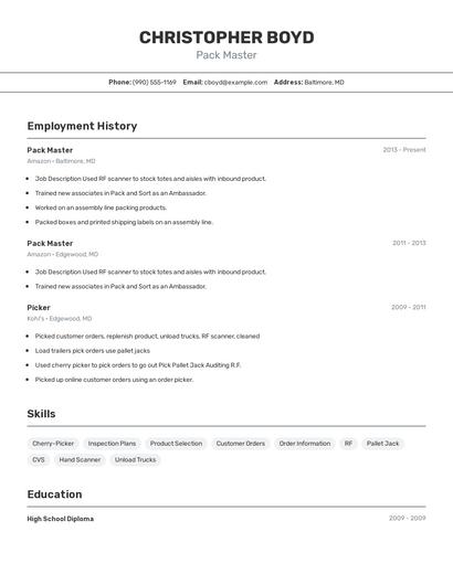 Pack Master Resume
