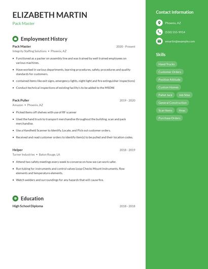Pack Master Resume