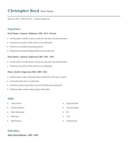 Pack Master Resume