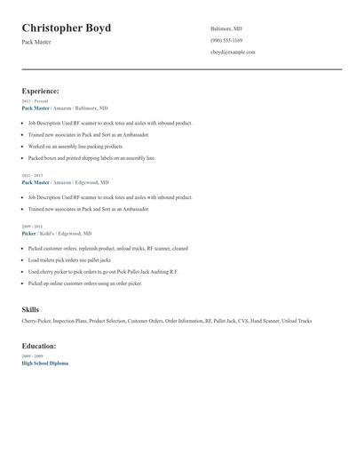Pack Master Resume