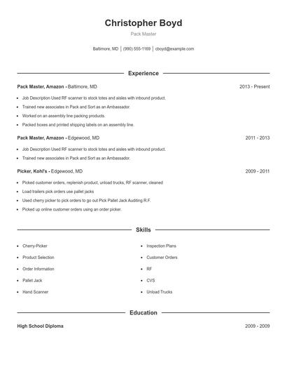 Pack Master Resume