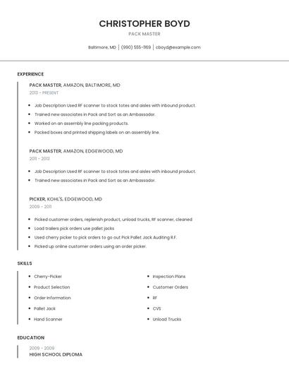 Pack Master Resume