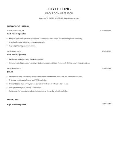 Pack Room Operator Resume