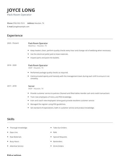 Pack Room Operator Resume