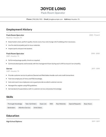 Pack Room Operator Resume