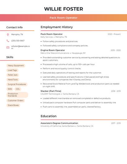 Pack Room Operator Resume