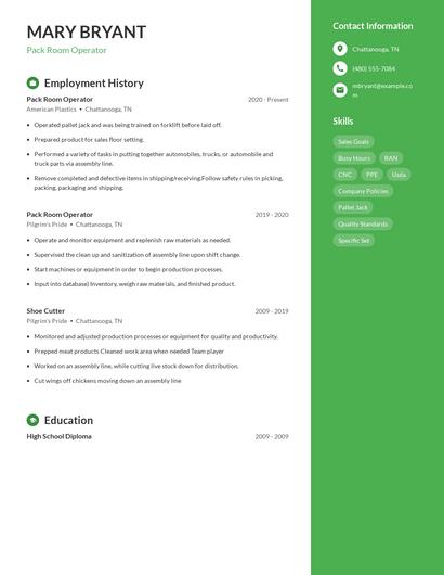Pack Room Operator Resume