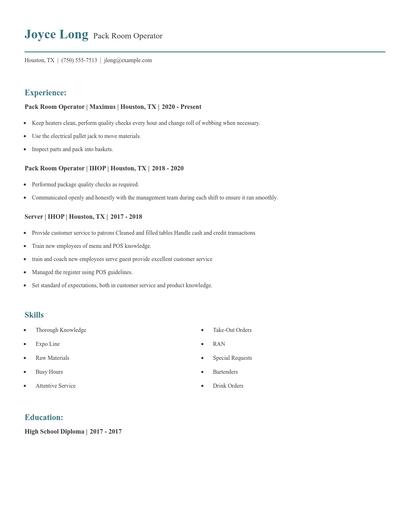 Pack Room Operator Resume