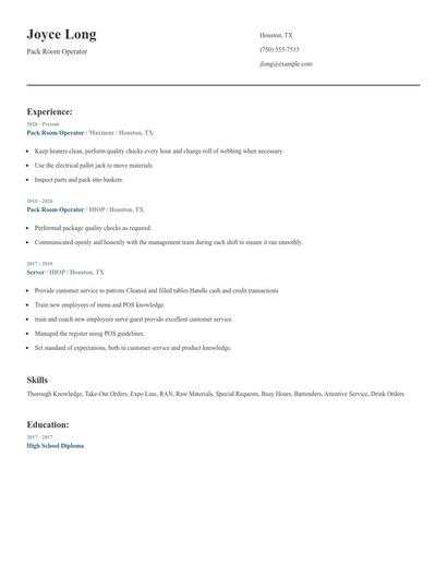 Pack Room Operator Resume