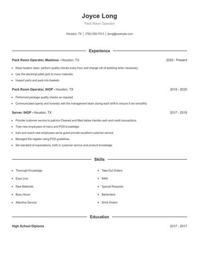 Pack Room Operator Resume