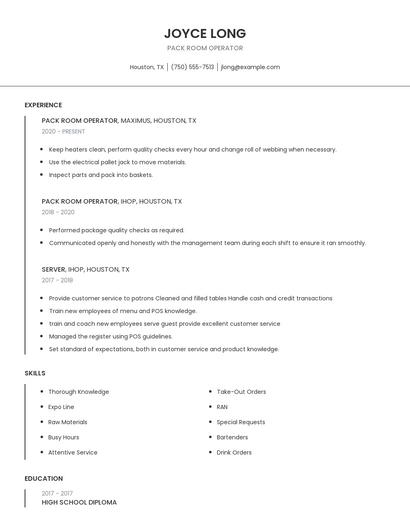 Pack Room Operator Resume
