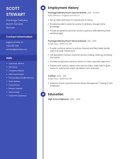 Package Delivery Room Service Runner Resume