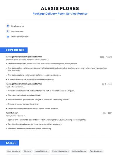Package Delivery Room Service Runner Resume