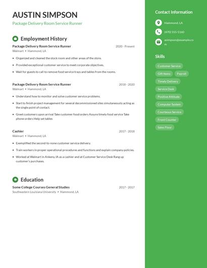 Package Delivery Room Service Runner Resume