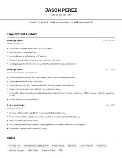 Package Worker Resume