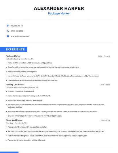 Package Worker Resume