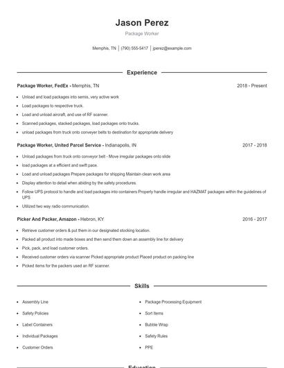 Package Worker Resume