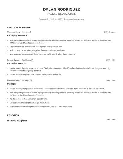 Packaging Associate Resume