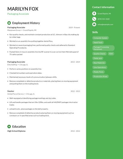 Packaging Associate Resume