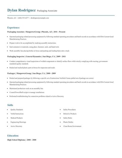 Packaging Associate Resume