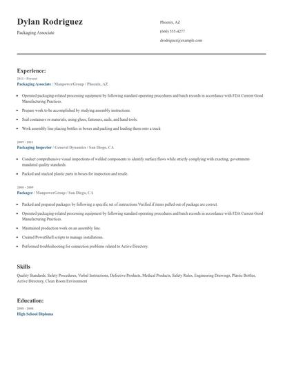 Packaging Associate Resume
